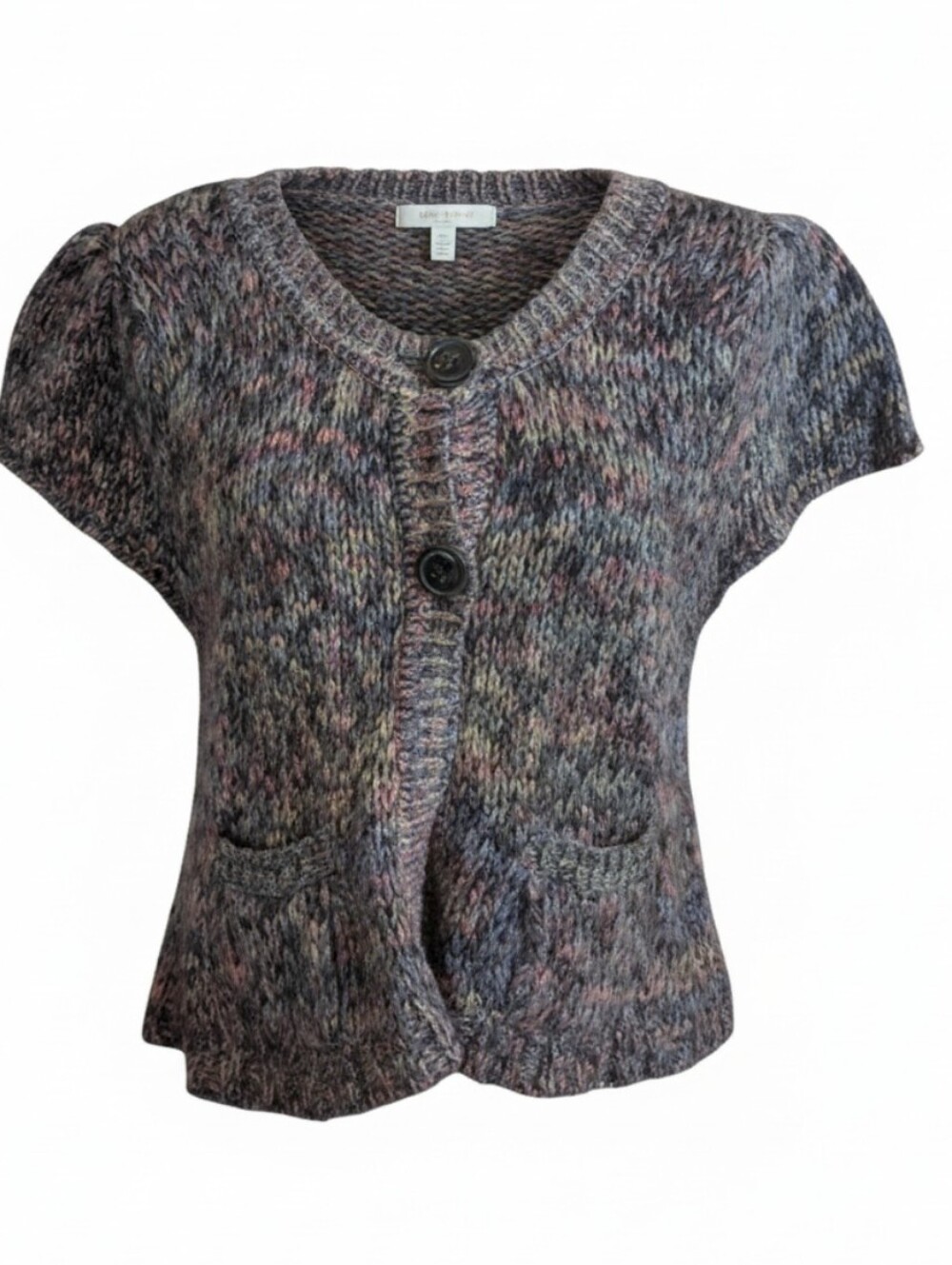 Y2K grey Multicolor Short-Sleeve Chunky Knit Cardigan Sweater Wool Blend Sz XL